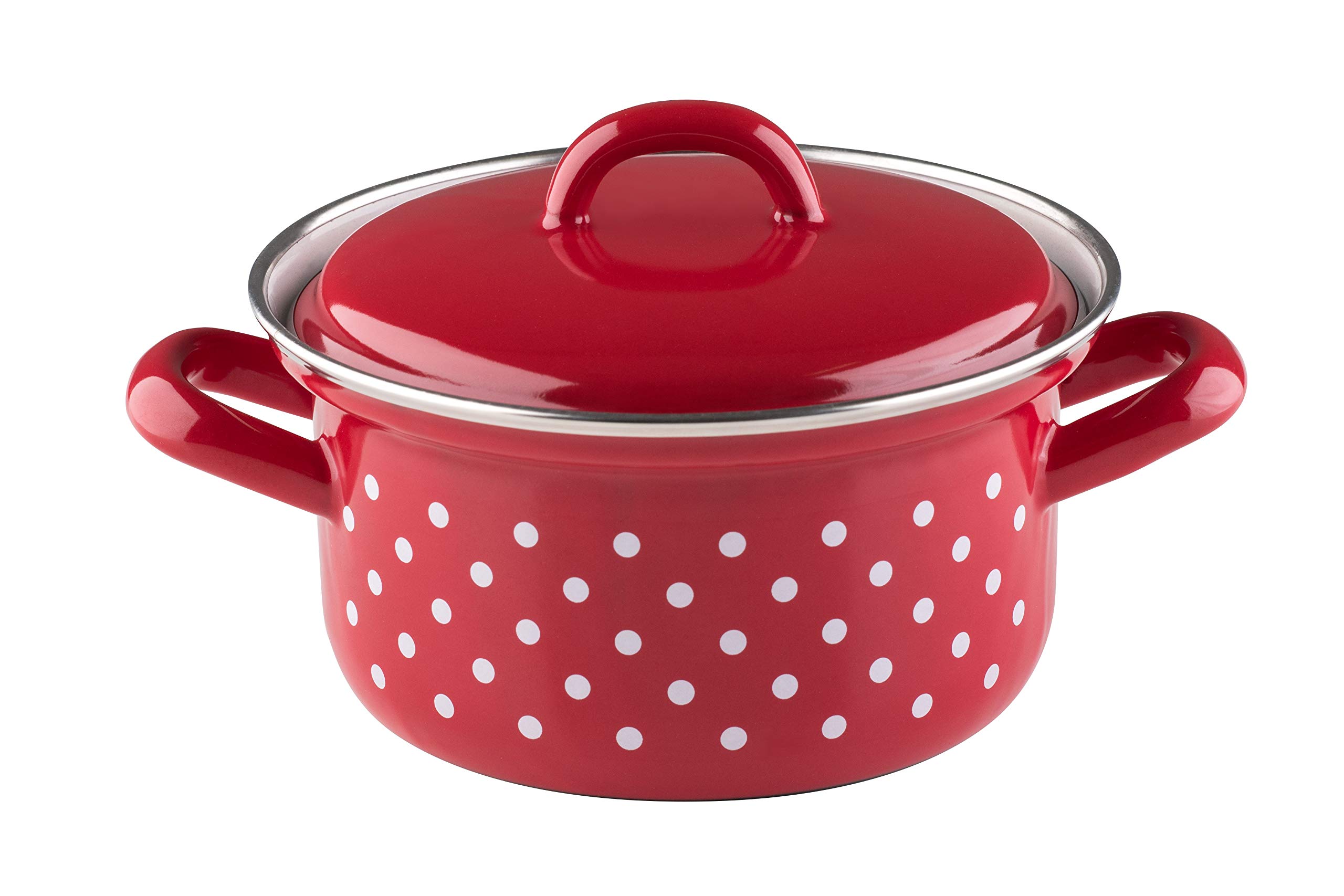 Riess, 0126-077, Casserole with lid, Country - PÜNKTCHEN RED, Diameter 12 cm, Height Without lid 7.3 cm, Capacity 0.5 Litre, Enamel, red/White, Induction