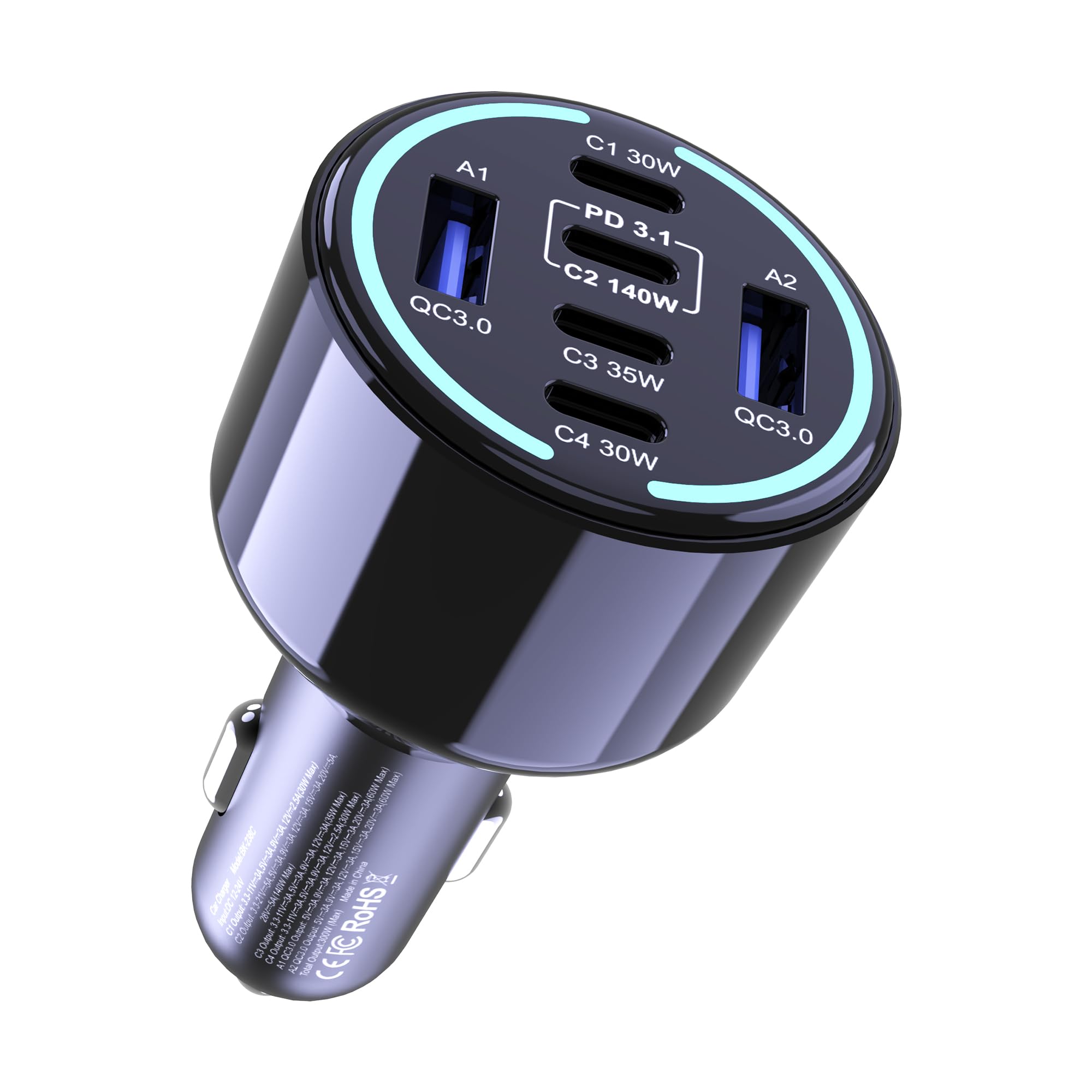 CHIPOFY 300W USB C Car Charger, 6 Ports (4 USB C + 2 USB A) - PD3.1 140W PPS 45W QC 60W Super Fast Charging Car Adapter for MacBook Laptop, iPhone 17 16 Pro Max, iPad, Galaxy S25/S24 Ultra etc