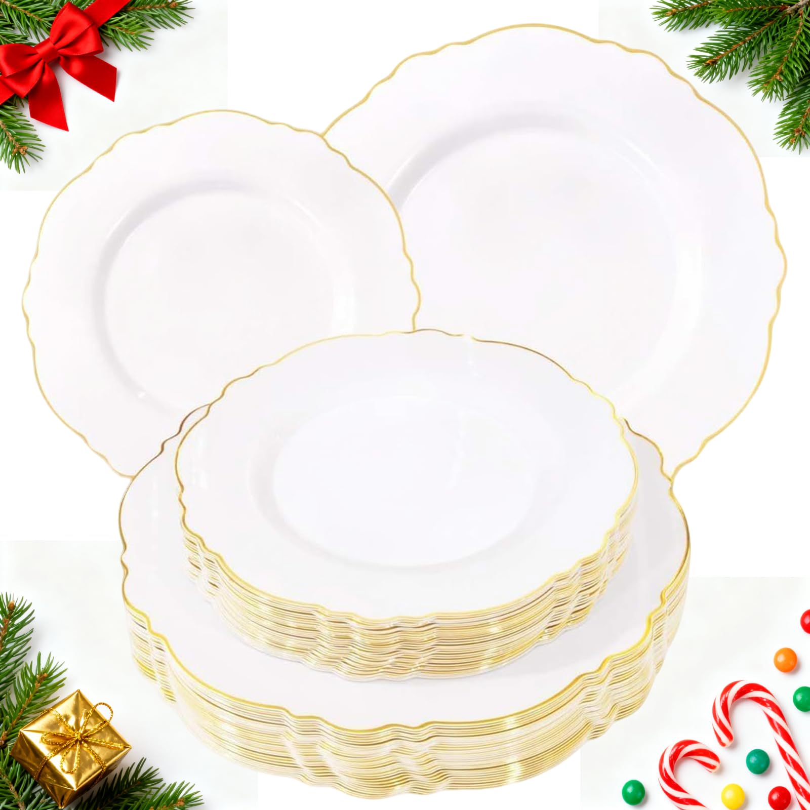 Photo 1 of **BIG PLATES ONLY**
WDF 60pcs White and Gold Plastic Plates - Baroque White With Gold of 30 Heavy Duty Gold dinner plates 10.25inch, 30 Salad Plates 7.5inch Perfect for Christmas/Weddings/Party/Birthday