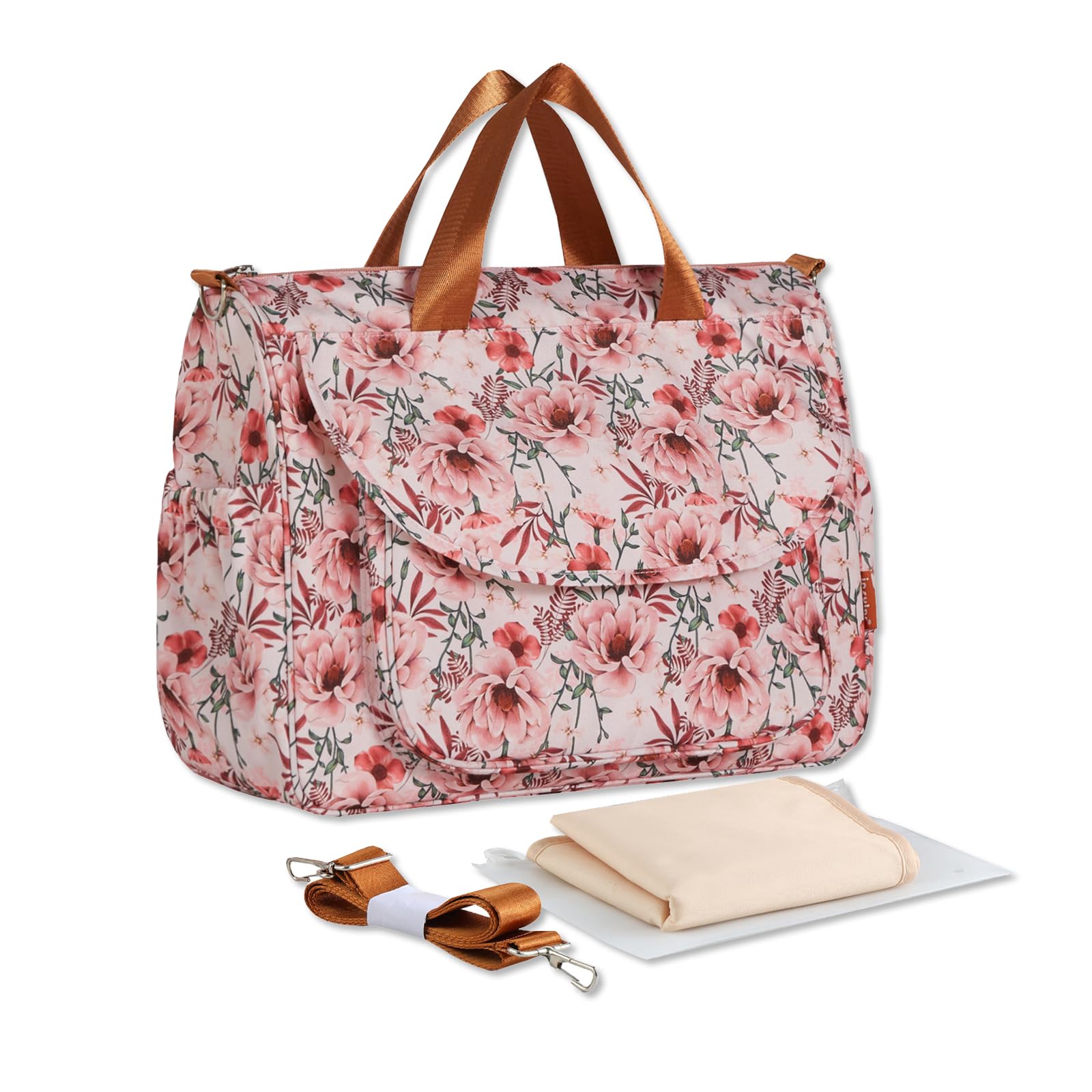 SONARIN Large Capacity Stylish Baby Nappy Changing Tote Bag,Waterproof Baby Changing Bag Satchel Messenger Bag Portable Travel Diaper Bag with Shoulder Strap & Changing Mat(Pink Roses)