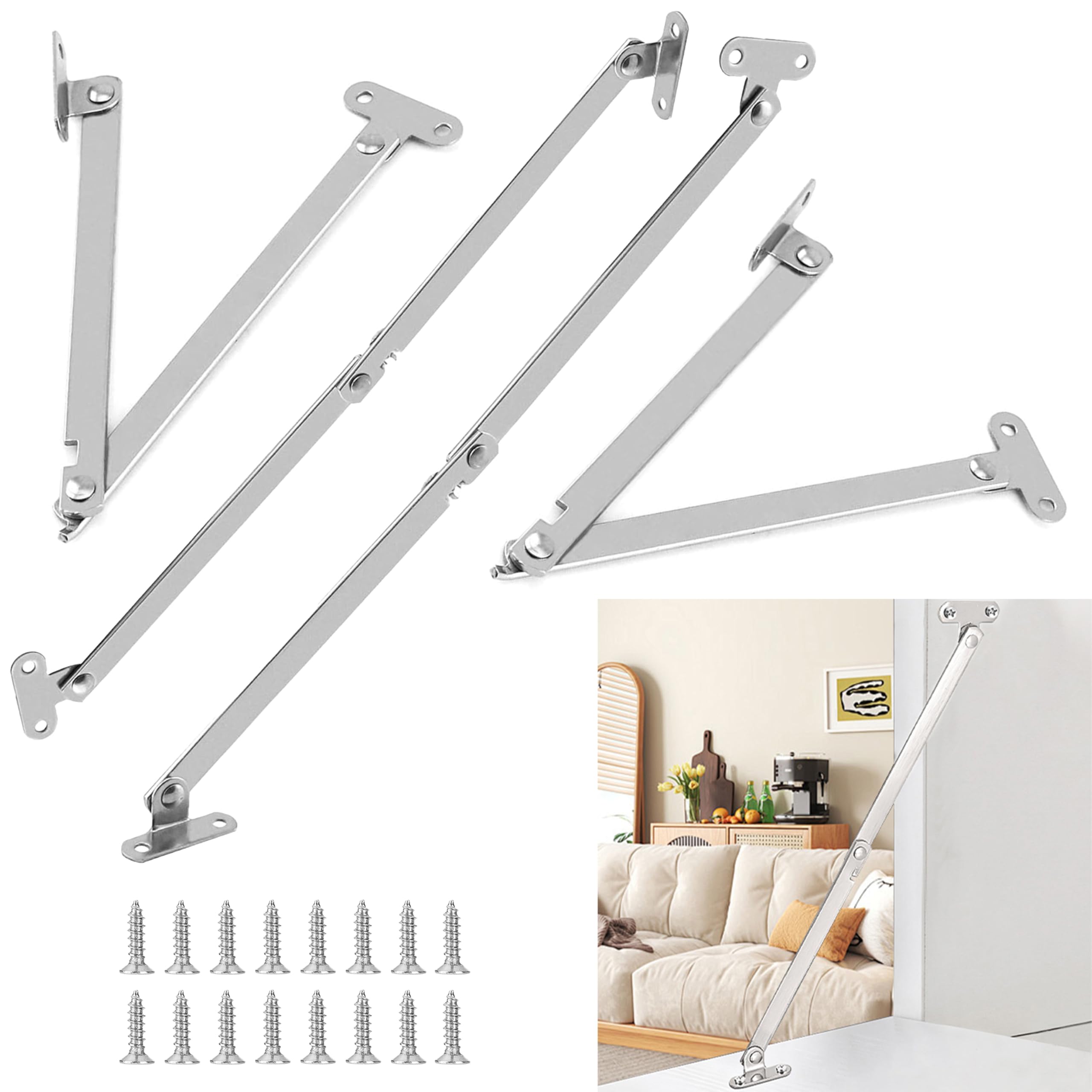 4 Pcs Drop Down Hinges, Cabinet Lid Stay Folding Hinges, 180 Degree Lid Support Flap HingesSoft Close Furniture Kitchen Cabinet Cupboard Wardrobe Door Hinge, with Screws