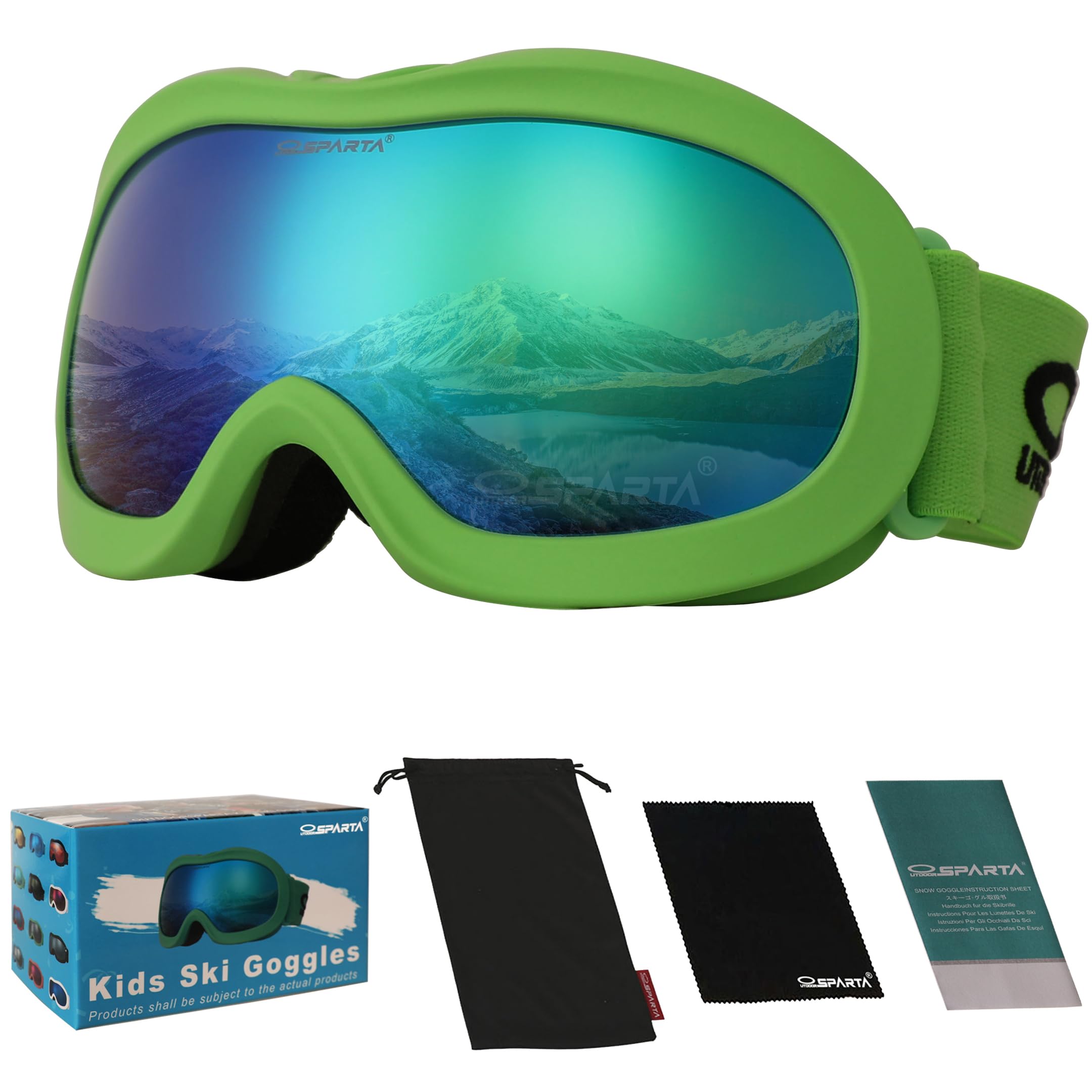 OUTDOORSPARTA Kids Ski Goggles (5. Green Frame, Full Lens Mirrored Green)