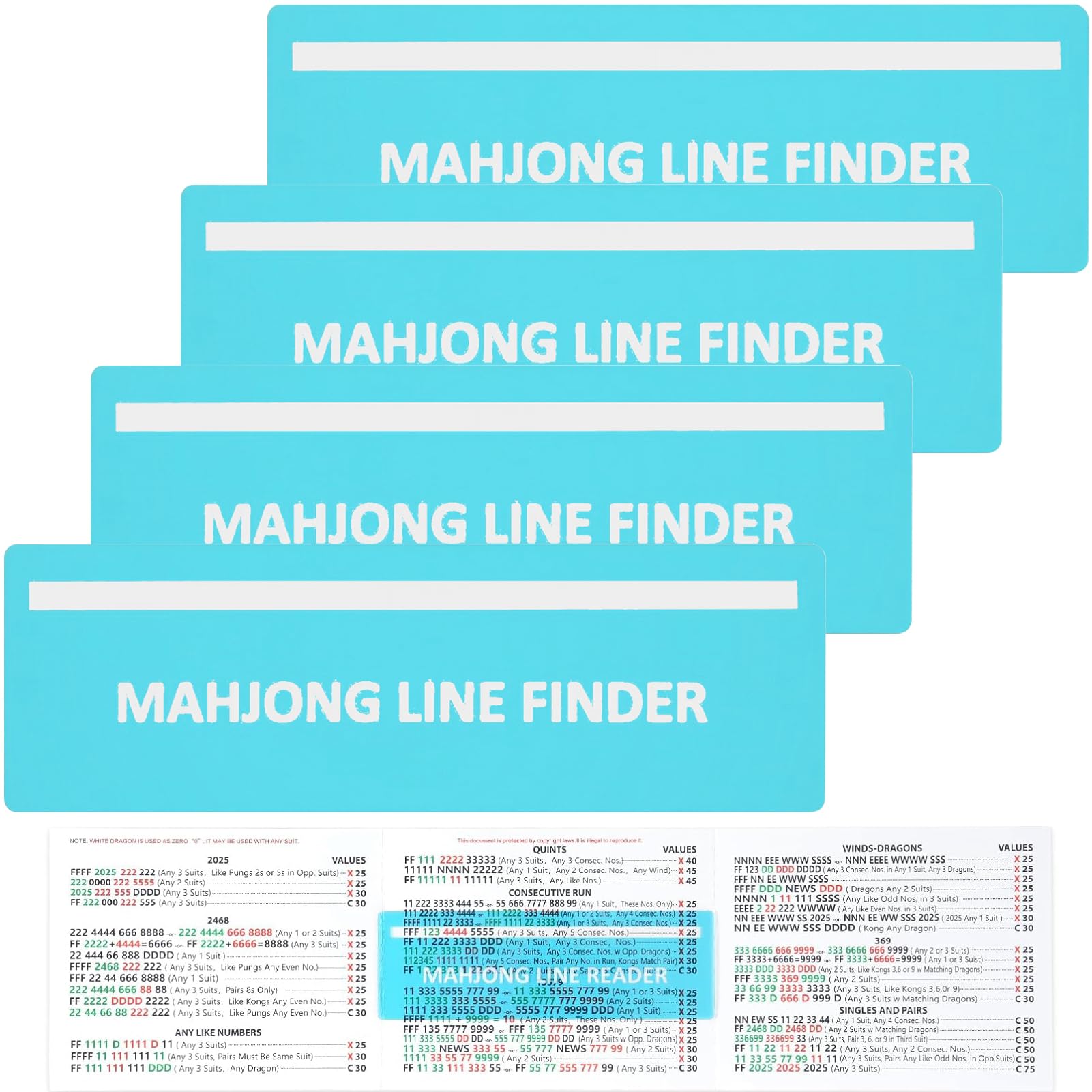 UTCGLAS 4Pcs Mahjong Line Finder, Mahjong Line Reader Guide, Mah Jongg Card for Strategy Tool for Beginners, for Travel, Parties, Competitions, Game Nights, Blue