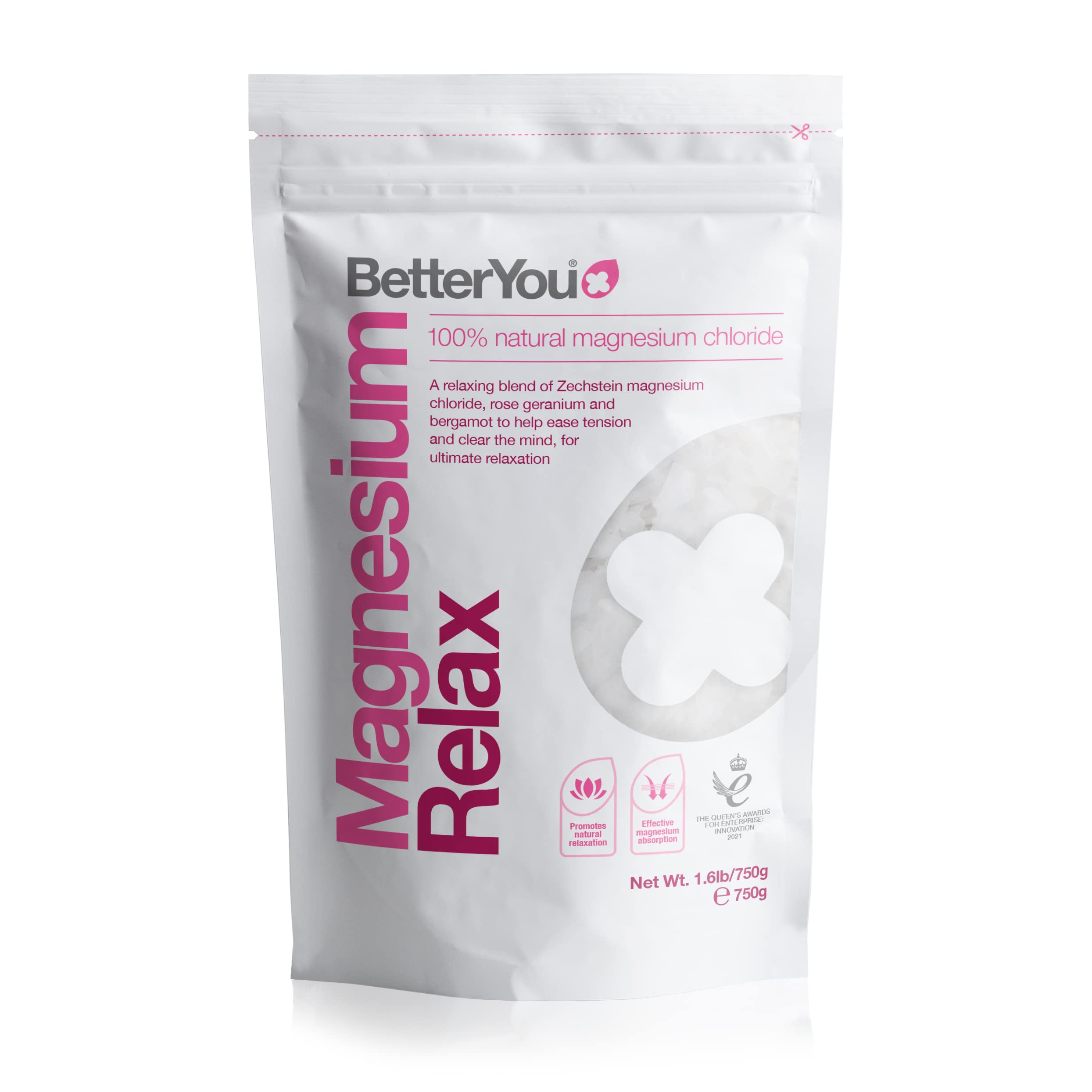 BetterYou Magnesium Relax Bath Flakes, Blend of Pure Zechstein Magnesium Chloride with Relaxing Essential Oils, Rose Geranium and Bergamot for Ultimate Relaxation, 750g