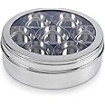 ARTISENIA Mother's Day Gifts Stainless Steel Spice Container 7 Containers and Small Spoon Orange See Through Masala Box Indian Masala Dabba with size 7.5 X 7.5 inches