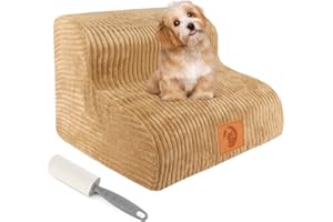 LOCGII Dog Stairs for Small Dogs-2 Steps Soft Foam Dog Steps Ramps for Bed Couch, High Density Pet Steps Stairs for Joint Pain Dog, Cats, and with a Lint Roller (Khaki)