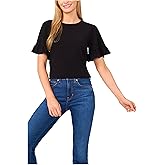 CeCe Womens Short Sleeve Ruffle Detailed Knit Top