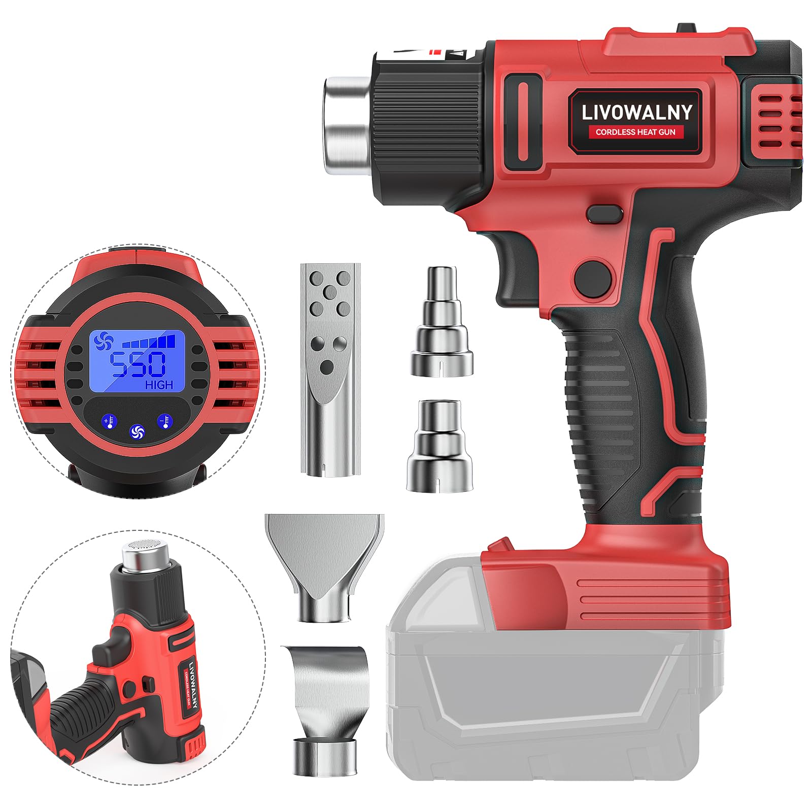 Photo 1 of Cordless Heat Gun for Milwaukee 18V Battery, LIVOWALNY 18V 350W 122?~1202? (50?-550?) Variable Temperature Control Hot Air Gun with LCD Digital Display for Shrink Tubing, Crafts (No Battery)