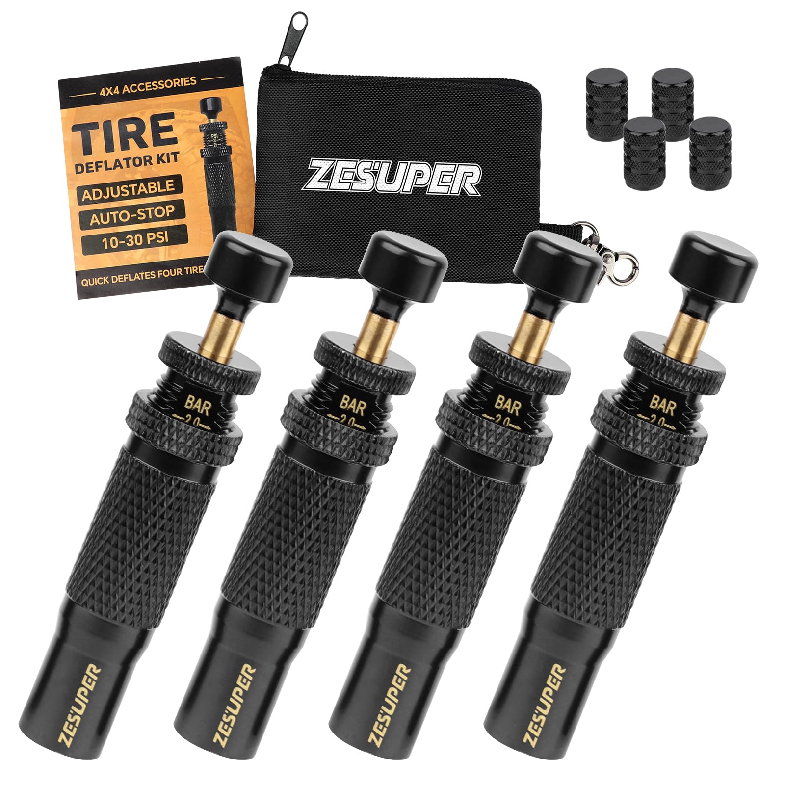 Photo 1 of **PARTIAL SET ONLY 1 PIECE** ZESUPER Adjustable Auto-Stop Tire Deflator Kit 10-30 PSI Screw-on Tyre Air Down Tool for Off-Road 4 Tires Offroad Accessories with Storage Bag Quick Deflates for Car Trucks 4PCS