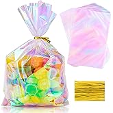 Aubeco 50Pcs Iridescent Cellophane Treat Bags with Ties, 6x9 Inch Holographic Plastic Goodie Baggies for Party Favors, Candy, Cookies Packing, Gift Wrapping
