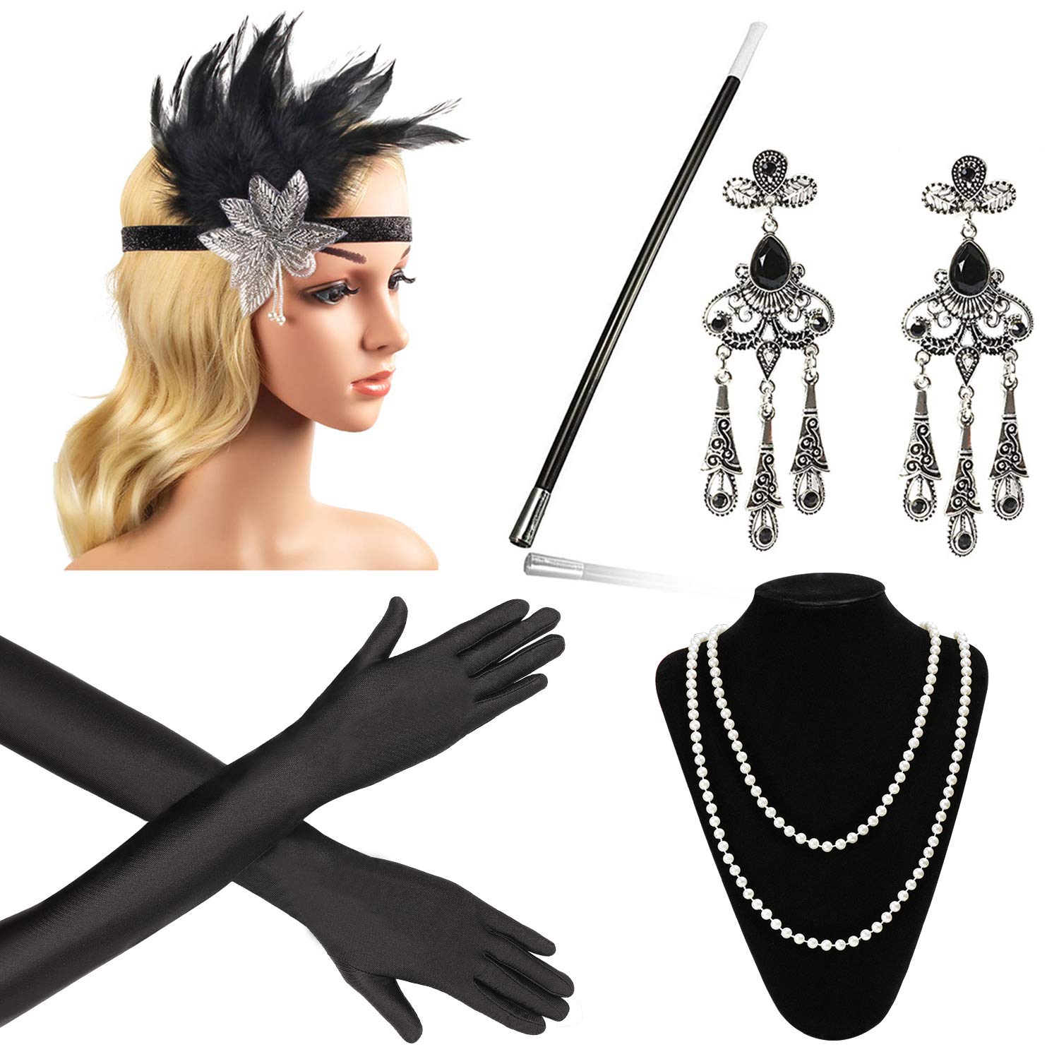Zigarettenspitze Great Gatsby Zubeh/&ouml;r f/&uuml;r Frauen Beelittle 1922er Jahre Zubeh/&ouml;r Set Flapper Stirnband Halskette Handschuhe