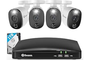 Swann Home DVR Security Camera System with 1TB HDD, 8 Channel 4 Camera, 1080p Full HD Video, Indoor or Outdoor Wired Surveillance CCTV, Color Night Vision, Heat Motion Detection, LED Lights, 845804