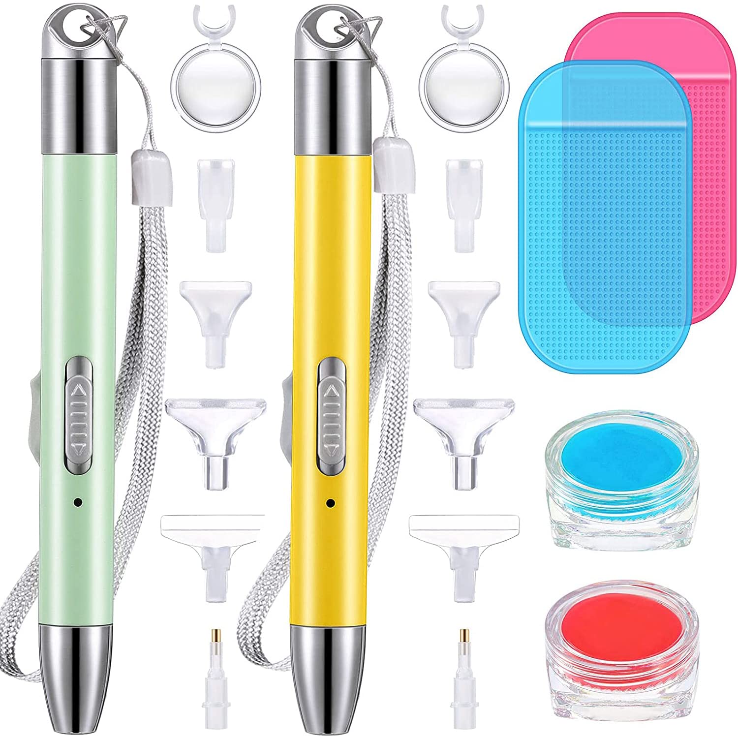 Photo 1 of Chuangdi 2 Pcs Diamond Painting Art Drill Pen with Light Diamond Painting Accessories and Tools 12 Pen Heads 2 Anti-slip Mats 2 Wax Organizer Cases for DIY Craft Supplies(Yellow, Green)