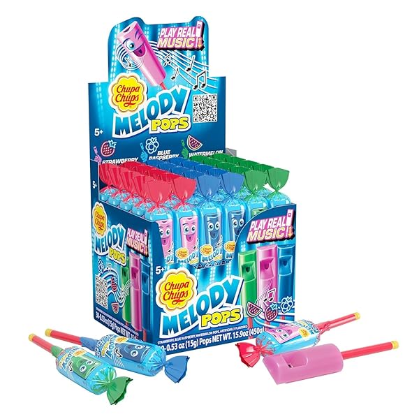 CHUPA CHUPS MELODY POP, ASSORTED FLAVORS, WHISTLE LOLLIPOPS, INDIVIDUALLY WRAPPED CANDY, 30 COUNT SHOWBOX CASE