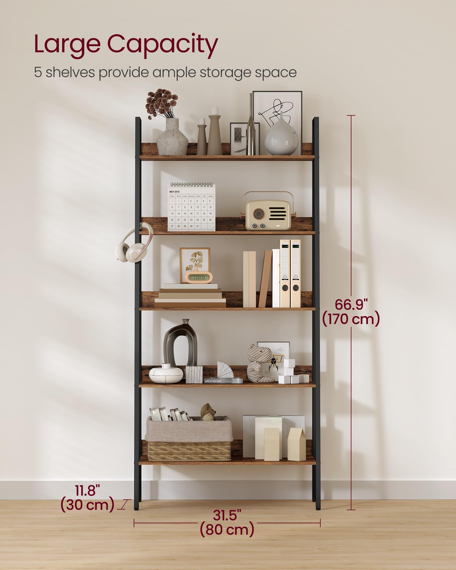 VASAGLE Bookshelf, 5-Tier Bookcase, 11.8 x 31.5 x 66.9 Inches, Ladder Shelf for Home Office, Living Room, Bedroom, Kitchen, Rustic Brown and Ink Black ULLS129B01