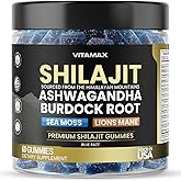 Organic Shilajit Gummies, Sea Moss, Ashwagandha, 105+ Trace Minerals – Organic Burdock Root & Lions Mane Mushroom - Blue Razz – Vegan & Non-GMO – Made in USA – 60ct