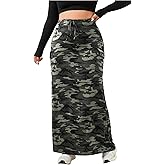 Verdusa Women's Plus Size Camo Skirt Y2k Drawstring High Waist Bodycon Long Skirts