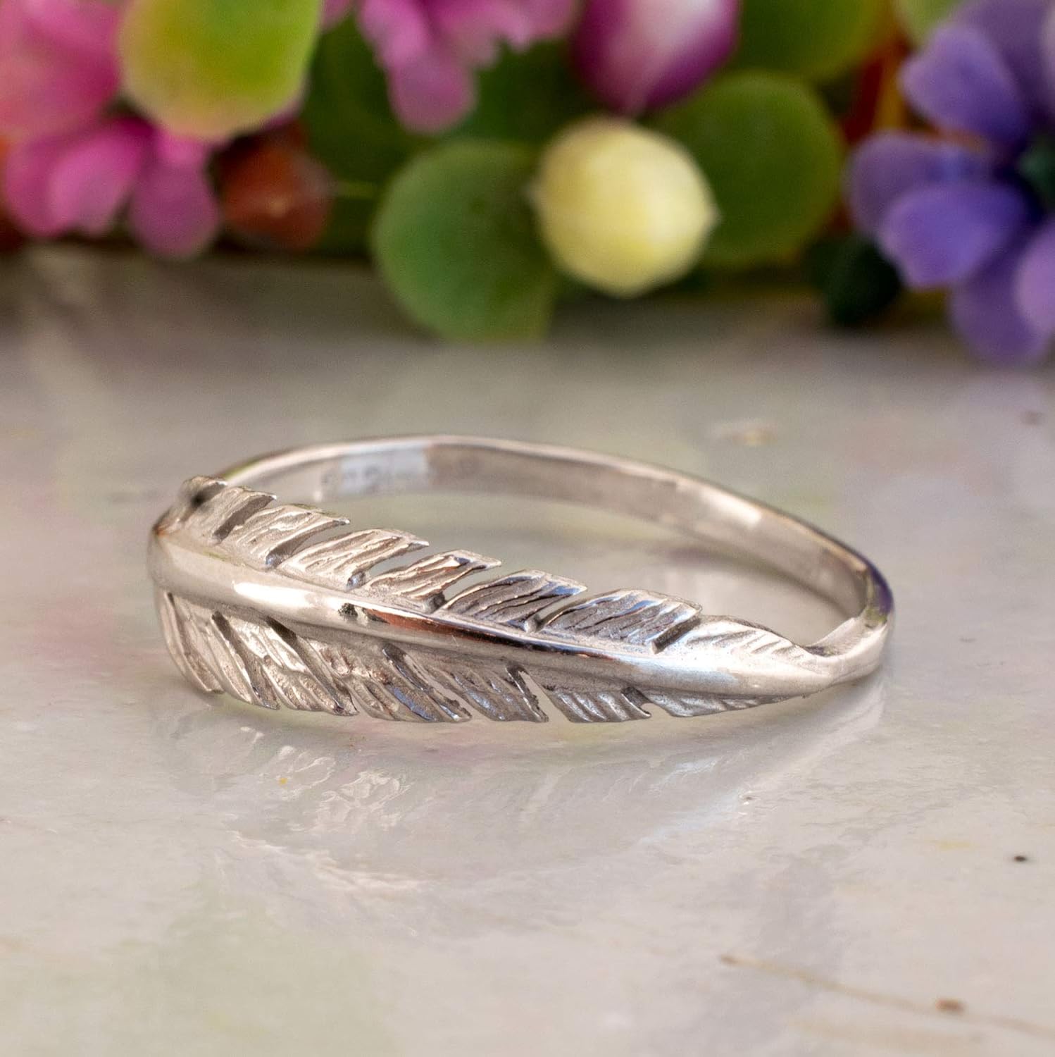 14K Gold Feather Ring 14K Solid White Gold Dainty Boho