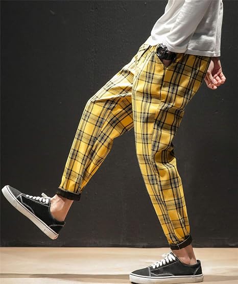 pantalon a cuadros amarillo hombre