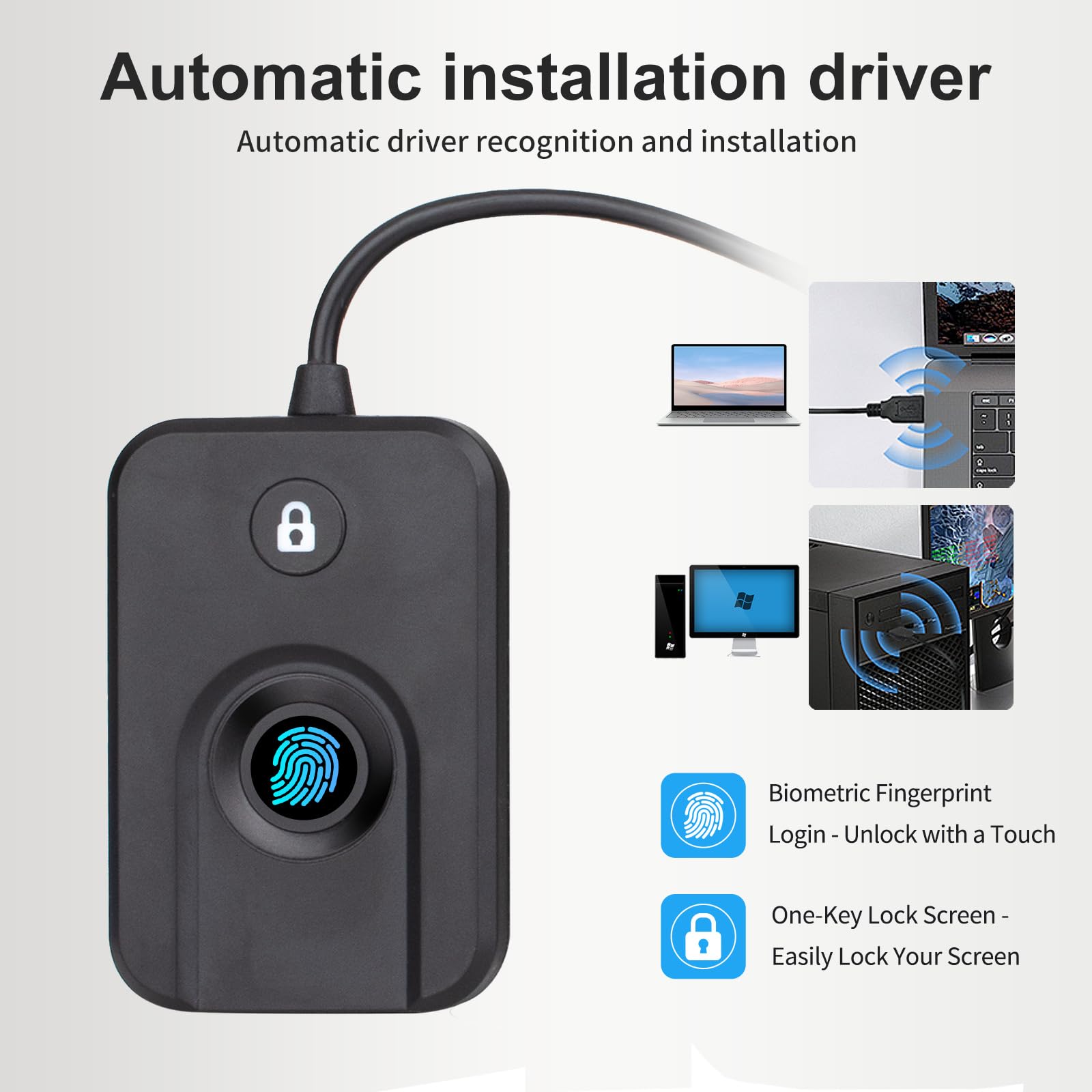 USB Fingerprint Reader for Windows10/11, Windows Hello Fingerprint Reader One-Click Lock Screen,Auto Driver Setup with 5ft Cable-Windows Password-Free Login