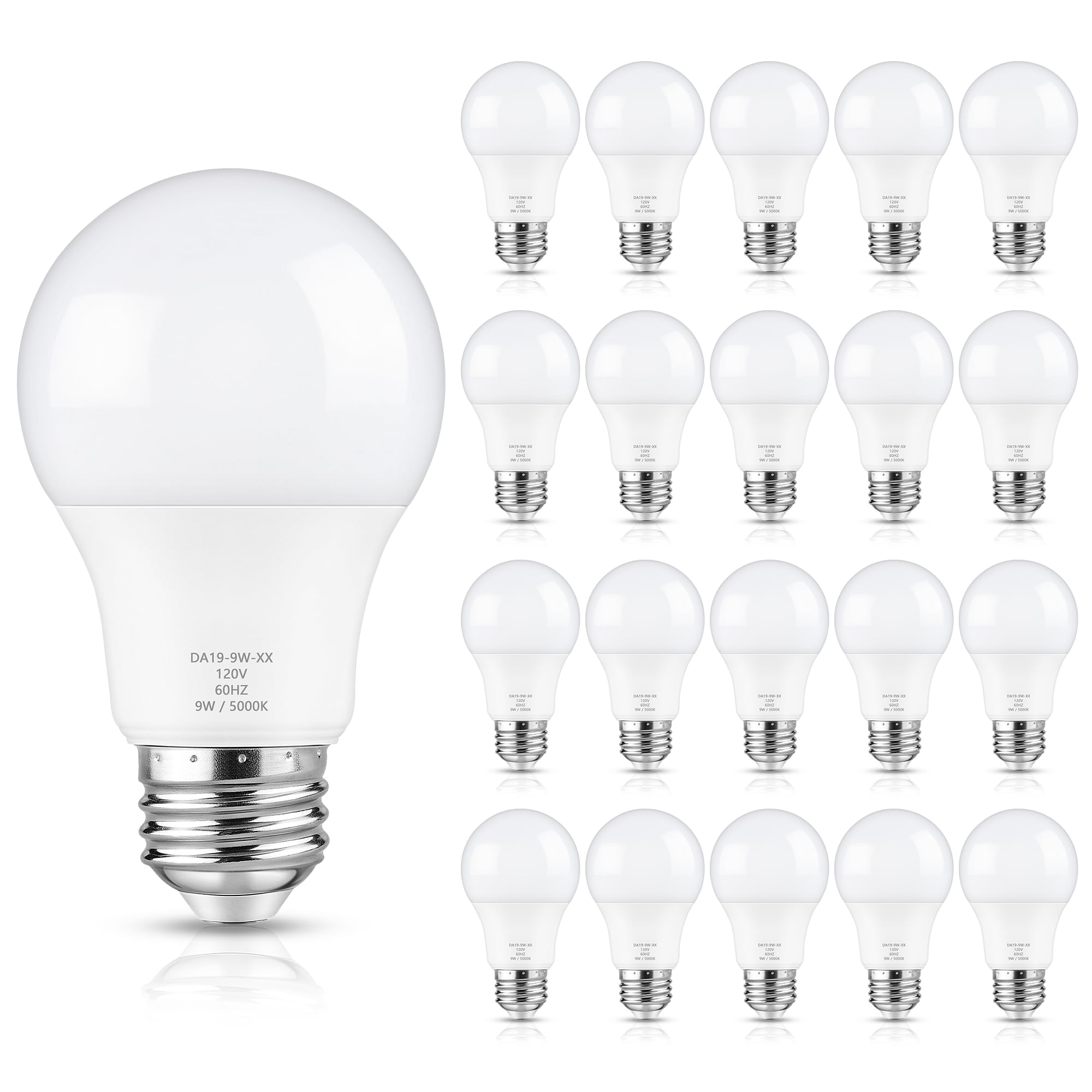Maylaywood A19 LED Light Bulb Dimmable, 60 Watt Equivalent, Daylight White 5000K, 900LM, E26 Base, 9W Bright White, 20-Pack Image