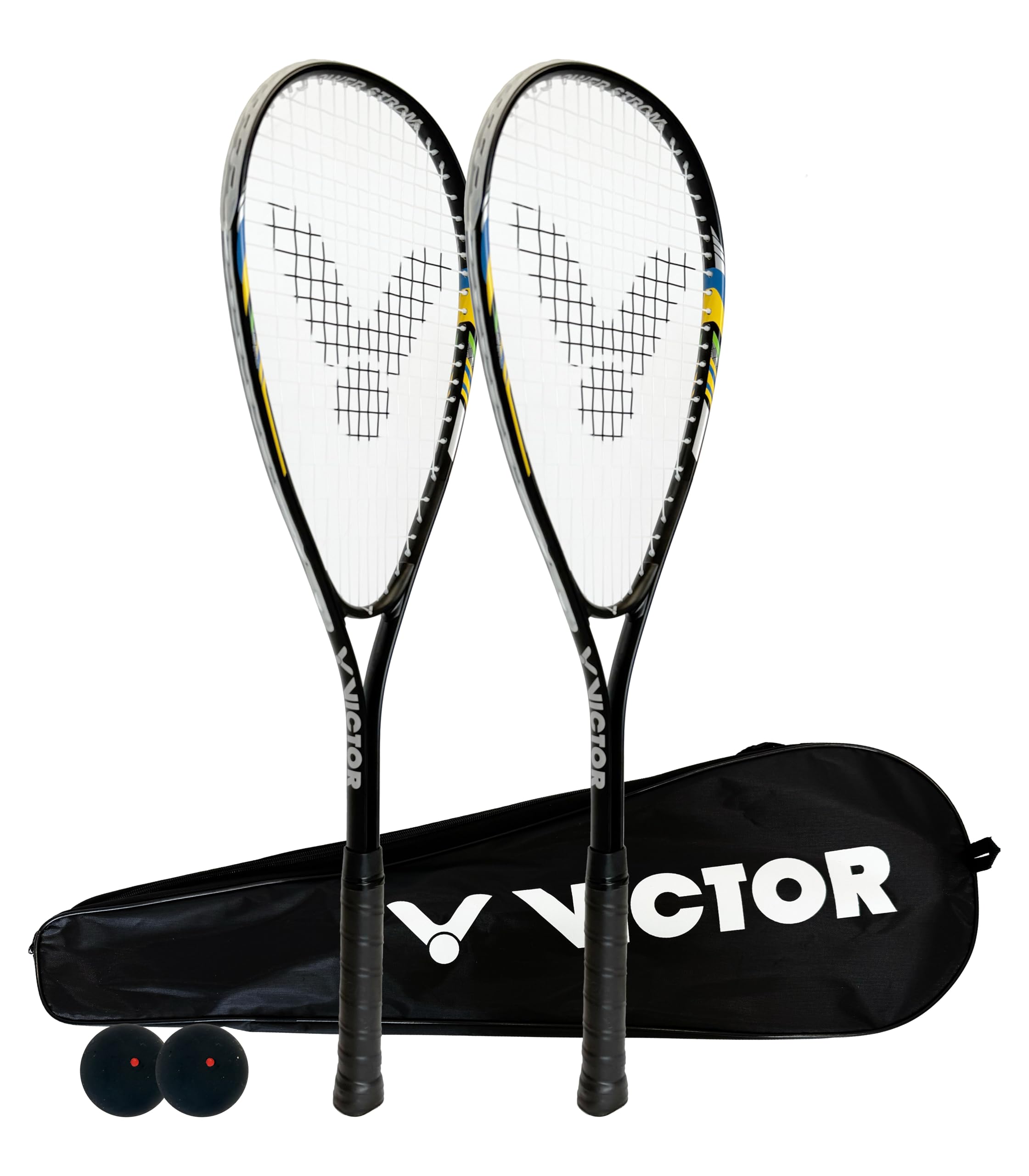 VICTOR Power Storm Twin Squash Racket Set, Protective Cover & Squash Balls