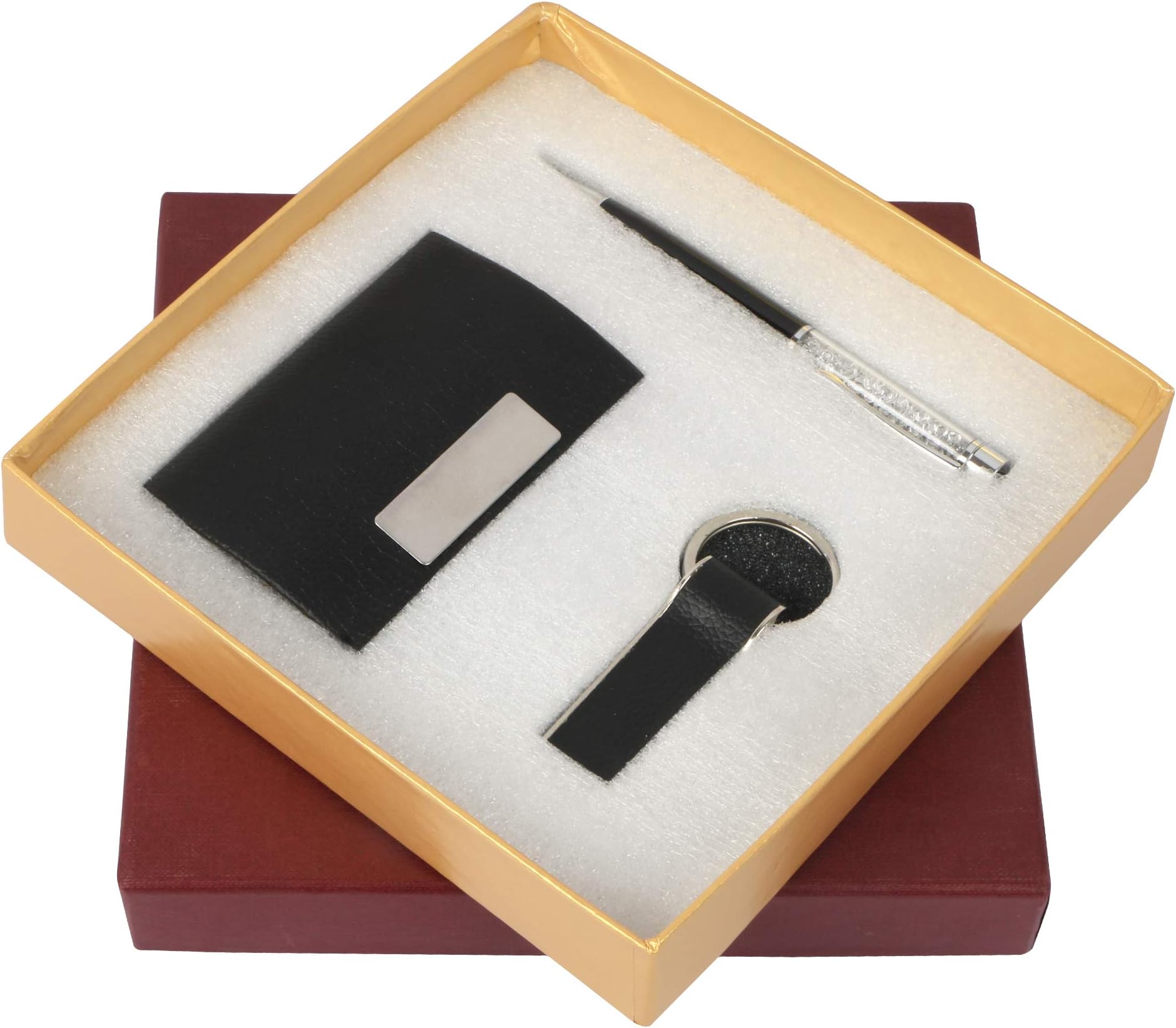 Sakura Enterprise 3 in 1 Black & Silver Corporate Gift Set with Keychain Crystal Pen,Business Card Holder (Premium Quality) (Premium Black Silver Pen) (Black Keychain)