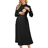 OUGES Maternity Nursing Fall Dresses for Women Baby Shower Photoshoot Long Sleeve Smocked Midi Dress with Pocekts 2026