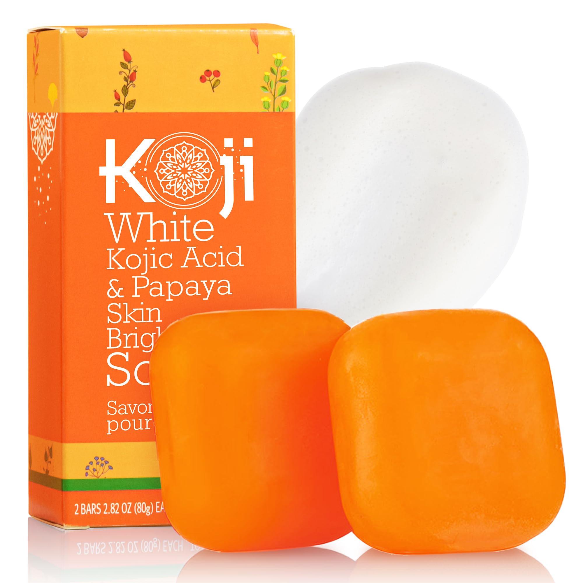 Koji White Kojic Acid & Papaya Skin Brightening Soap, Dark Spots for Face & Body Smooth, Acne Scars, Uneven Skin Tone with Hyaluronic Acid, SLS-Free, Paraben-Free, Vegan Soap, 2.82 oz (2 Bars)