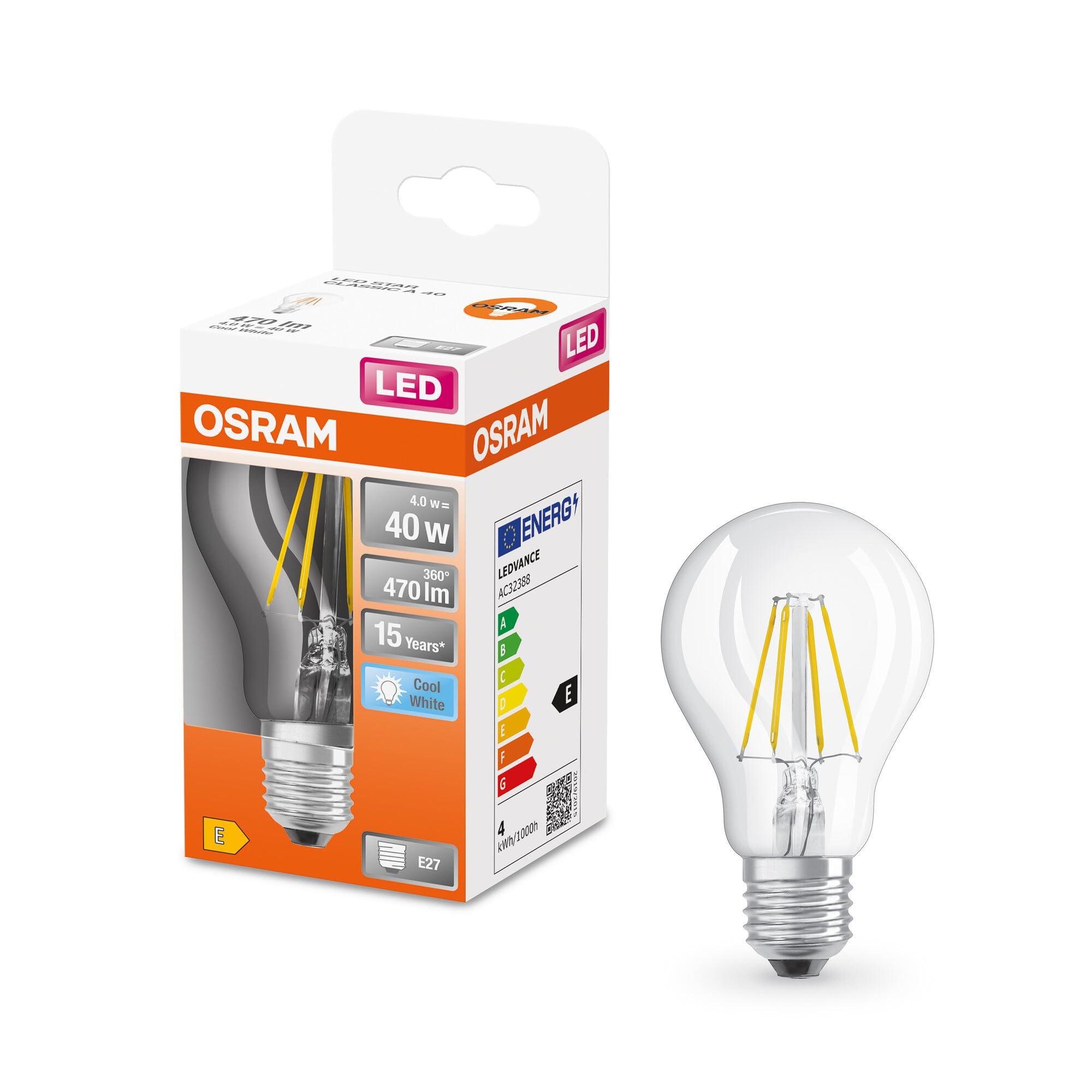 OSRAM LED lamp | Base: B22d | Warm White | 2700 K | 4 W | Replacement for 40W | Frosted | LED Retrofit Classic A