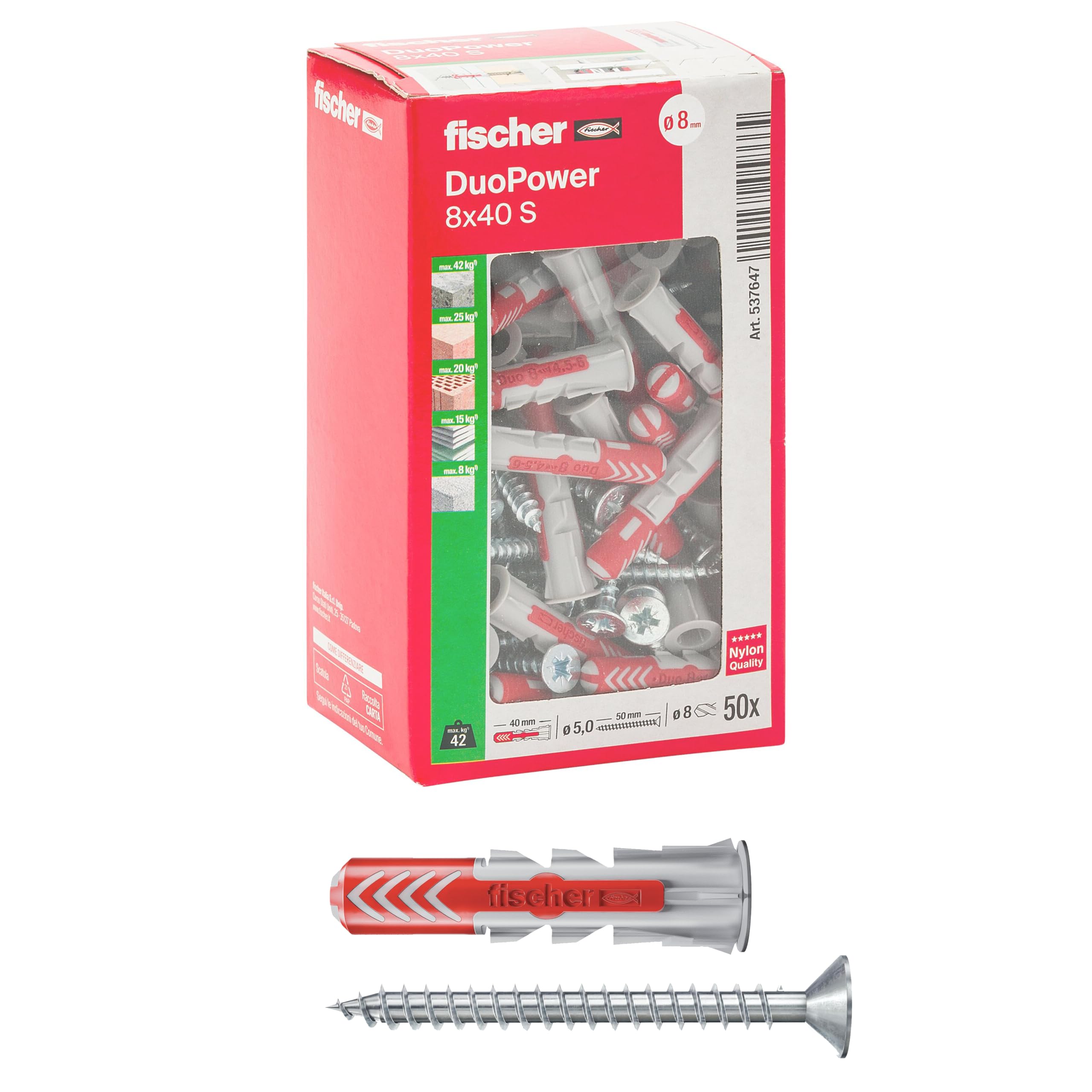 Fischer Duo Power 8S Plastic Screws with Dowel [Box of 50]