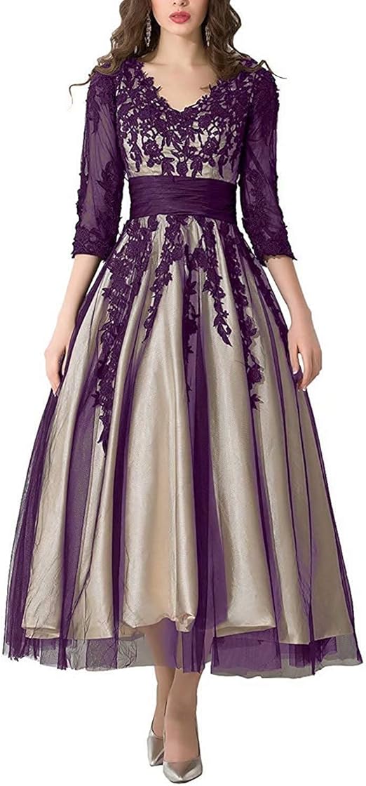 Cloverbridal Women's Tea Length Mother of Bride Dresses Lace Applique Tulle Formal Evening Dress 
