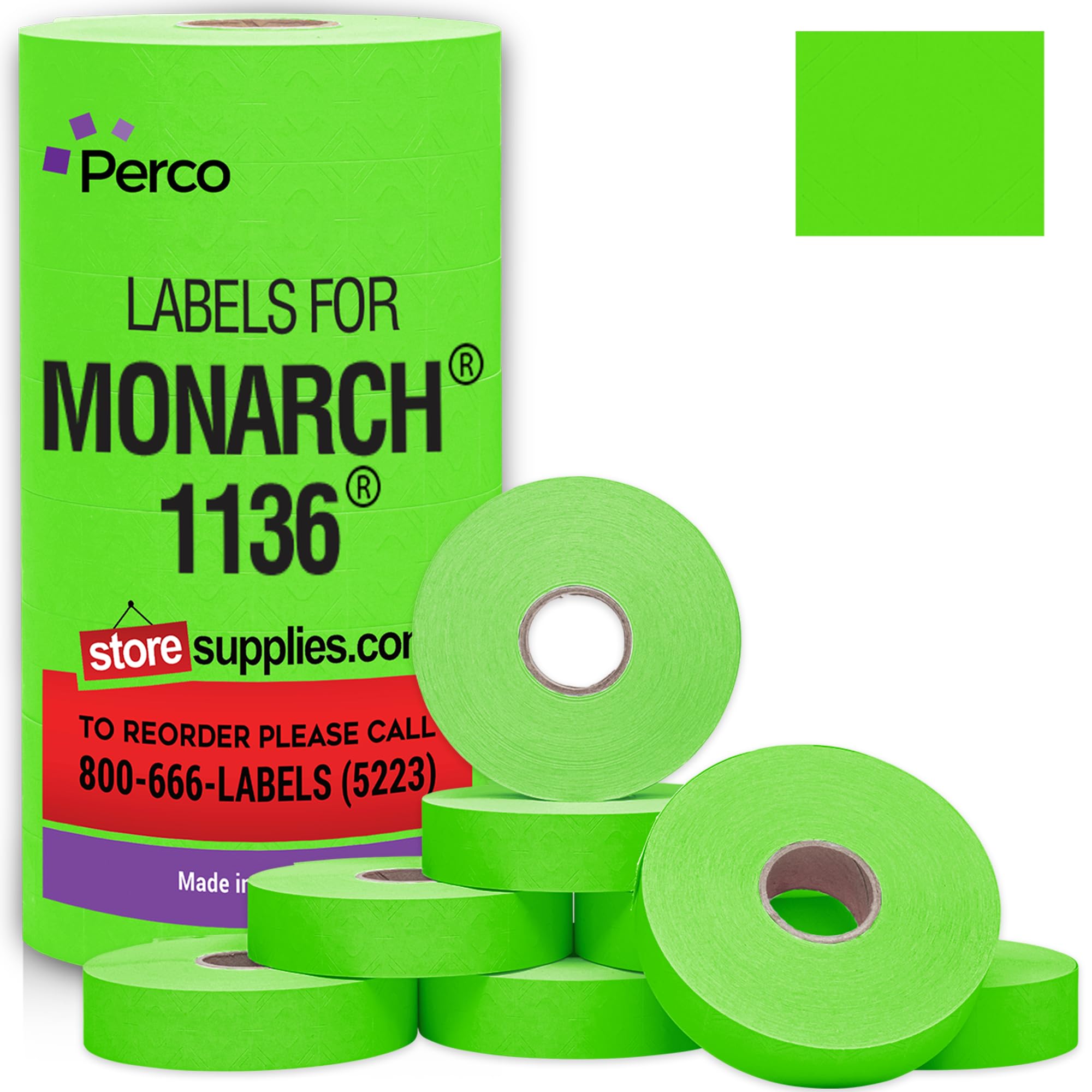 Photo 1 of Perco Fluorescent Green Pricing Labels for Monarch 1136 Price Gun - 8 Rolls, 14,000 Pricemarking Labels