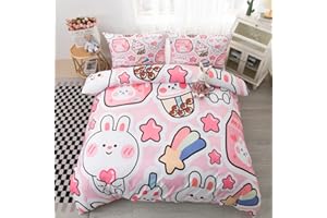 CVHOUSE Kawaii Bedding Set Queen Size,Cute Rabbit Bed for Girls Kids Teens,Pink Comforter Cover Soft,Kawaii Duvet Set,Girls Room Decor Quilt Queen 89'x89'