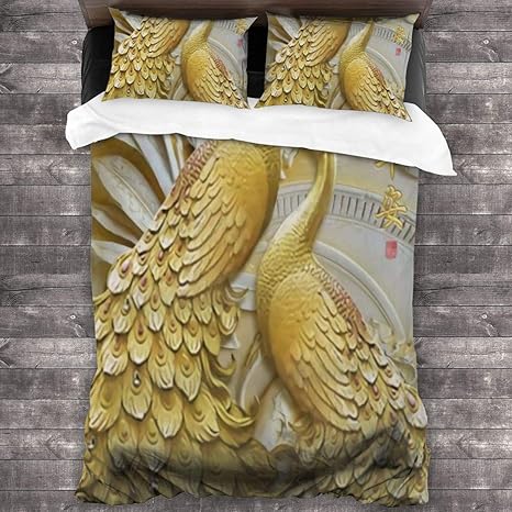 Amazon 布団カバー シングル 3点セット 寝具カバー セット ベッド用 布団用 掛け布団カバー ゴールドのピーコックウォールアート 肌に優しい 寝具カバーセット オンライン通販