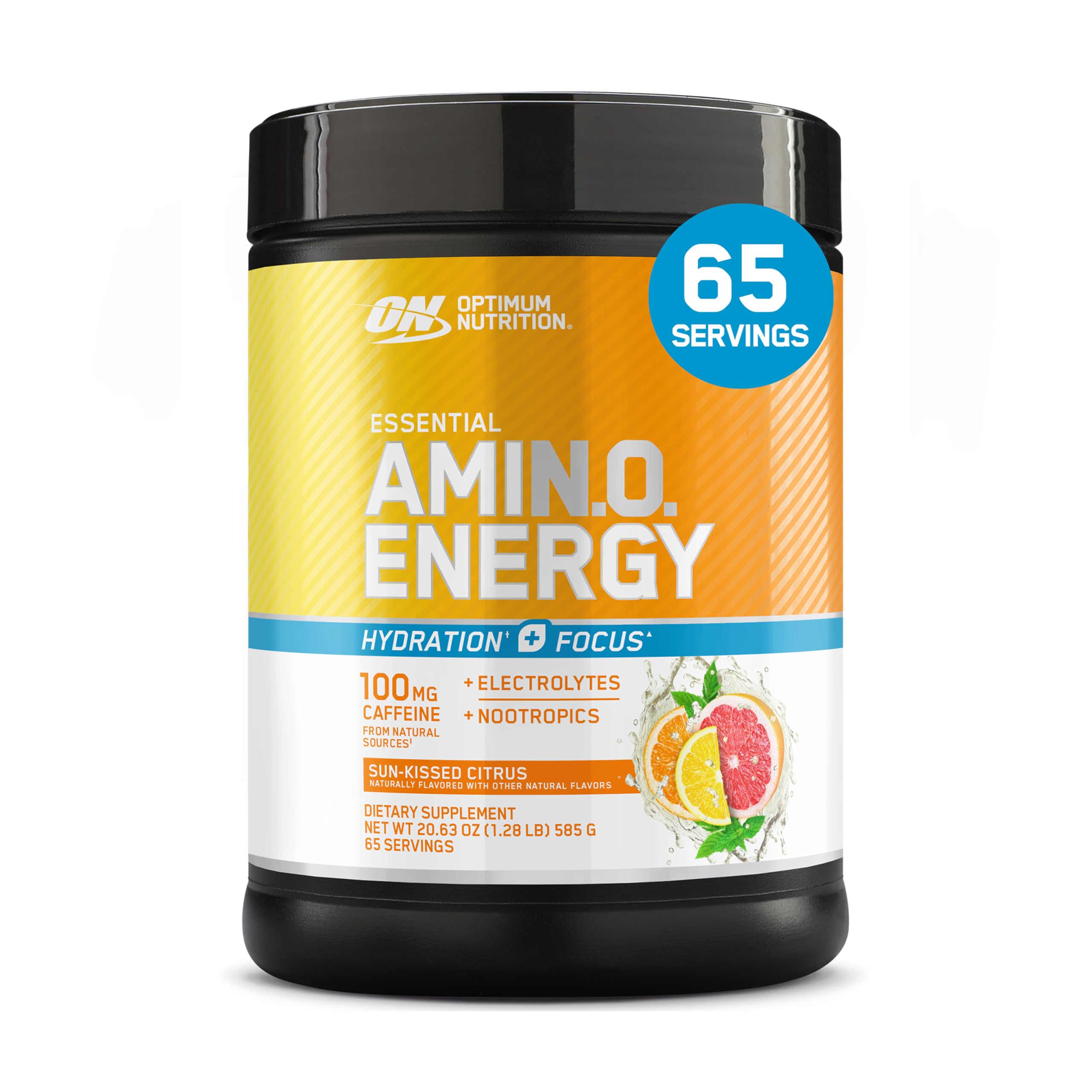 Optimum Nutrition Amino Energy Powder Plus Focus, with BCAA, Electrolytes, and Caffeine, Sunkissed Citrus, 65 Servings (Packaging May Vary) Image