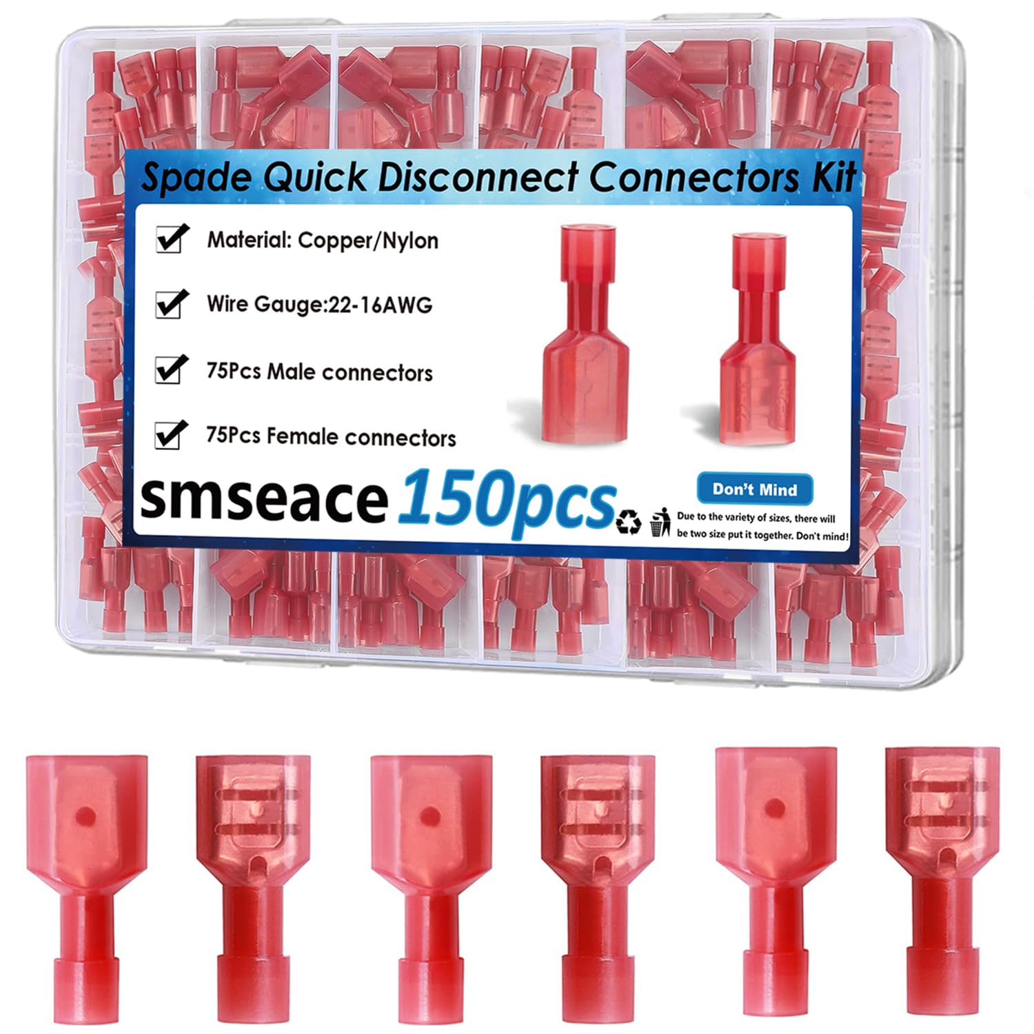 smseace 150PCS Female and Male Red Quick Wire Connectors Fully Insulated Nylon Spade Disconnect Crimp F&M1.25-250-R-150