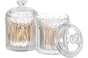 SAIM Qtip Holder Glass Apothecary Jars with Lids Set, 2 Pack Crystal Q-tip Canister Jar Bathroom Vanity Organizer for Cotton Ball, Cotton Swab, Floss, Candy - Clear