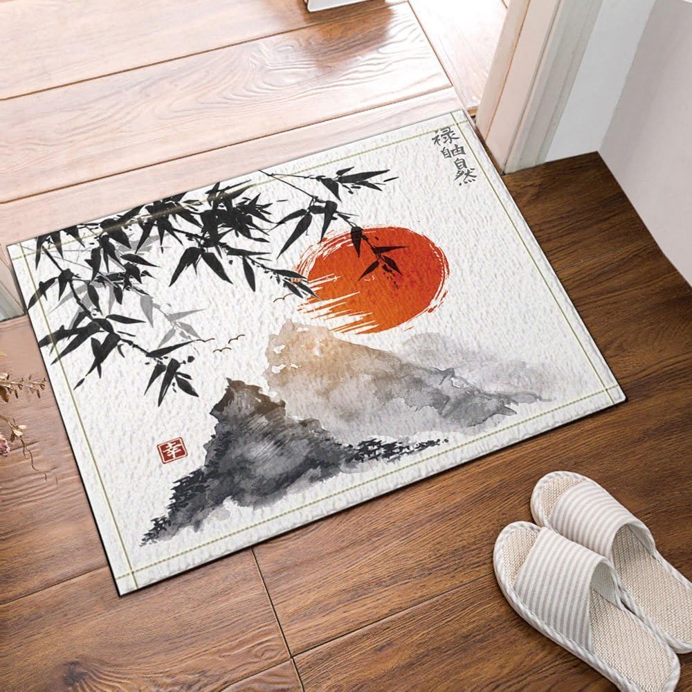 Japanese Bamboo Trees Sun and Mountains Bath Rugs Non-Slip Floor Entryways Outdoor Indoor Front Door Mat 60X40 CM Bath Mat Bathroom Rugs