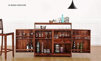 SS WOOD Furniture Bar Cabinet | Wine Rack with Glass Storage | Bar Unit for Home Decor (Sheesham Wood) (Teak Shade)