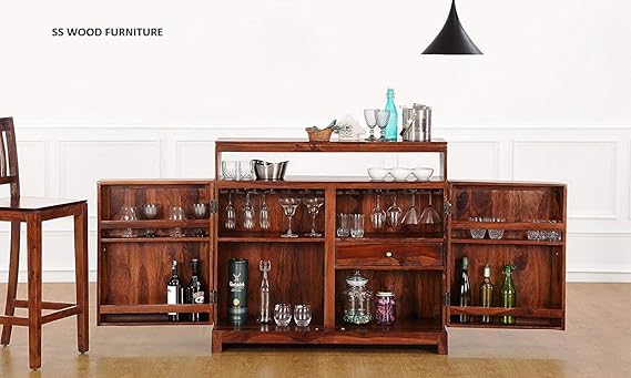 SS WOOD Furniture Bar Cabinet | Wine Rack with Glass Storage | Bar Unit for Home Decor (Sheesham Wood) (Teak Shade)