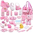 deAO 40 Piece Baby Doll Accessories Bag with Baby Feeding Accessories, Clothes, Doll Bear, Bath Toys, Soother Dummy and Much More - Great Nurturing Pretend Toy for Kids!