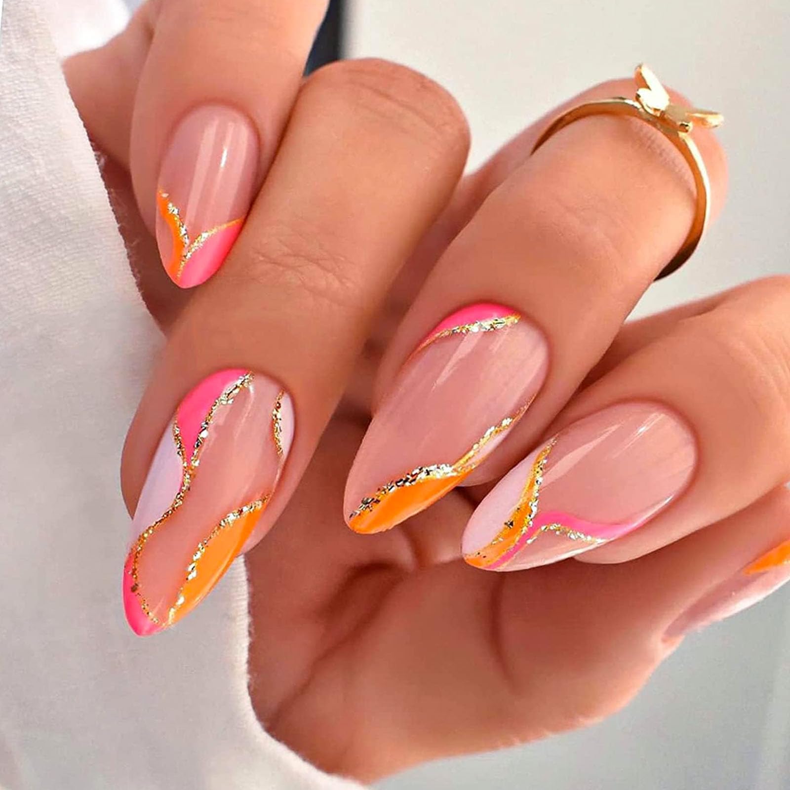 Photo 1 of Almond Press on Nails Medium - Orange and Pink White Mingle French Tip Fake Nails Press ons, Golden Line Design Glue on Nails Light Pink Full Cover Glossy Acrylic Nails for Women 24 Pcs