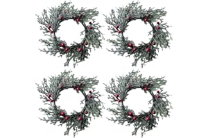 SEWACC Candle Rings, 4pcs Artificial Red Berries Wedding Candle Wreaths Snowy Pine Needles Garland Ring for Pillars Centerpiece Holiday Table Decoration