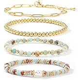EQUBIO Gold Beaded Bracelet for Women,14K Plated Adjustable Stackable Link Natural Stone Bracelets,Non Tarnish Fashion Jewelry Set Gifts for Women Birthday Friendship