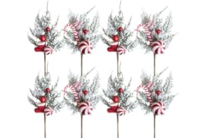 Egolot 8 PCS 13 Inch Christmas Candy Cane Picks with Frosted Pine for Wreaths Christmas Tree, Xmas Picks with Xmas Balls for Indoor Outdoor, Red White Stems for Centerpieces Wreath DIY