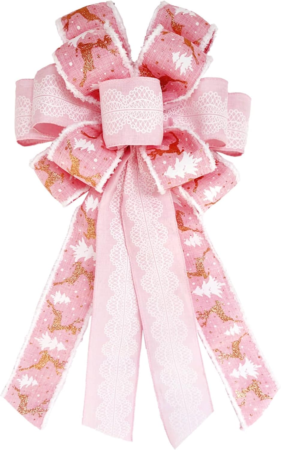 Tree Toppers - Christmas Tree Topper Bows, Handmade Bowknot with Christmas Tree and Reindeer, 21.3x11.1 Inches Large Size Xmas Decoration for Wedding Birthday New Year Party (Pink)