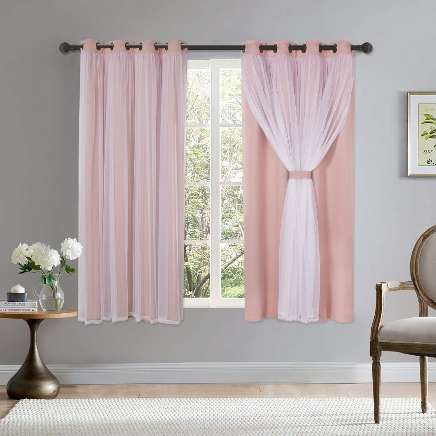 Photo 1 of BONZER Mix and Match Blackout Curtains Grommet Double-Layered Curtains with White Sheer Voile for Girls Bedroom, Blush, 52x63 Inch, Set of 2 Panels
