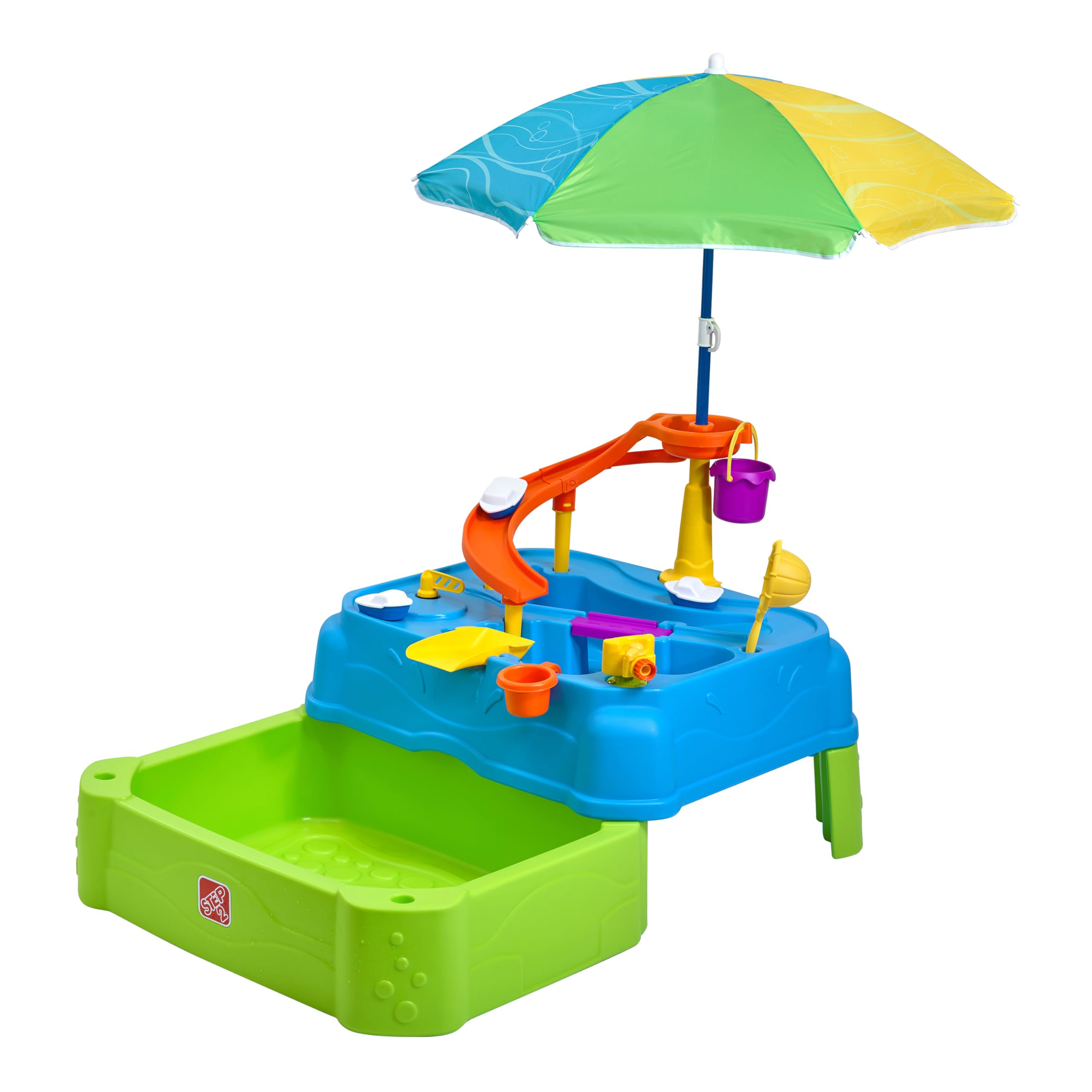 Step2 Waterpark Wonders Two-Tier Water Table, Kids Water Activity Sensory Playset, Comes with Umbrella, Summer Outdoor Toys, 11 Piece Water Toy Accessories, for Toddlers 1.5+ Years Old