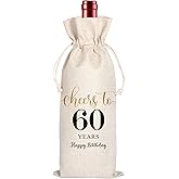 60th Birthday Wine Bag, 60th Birthday Gifts for Women Men, 60 Year Old Birthday Gift Party Supplies, Sixty Birthday Gift Idea Wine Bag for Her Girl Friend Sister (Beige-60th, 13.5 x 5.5Inches)